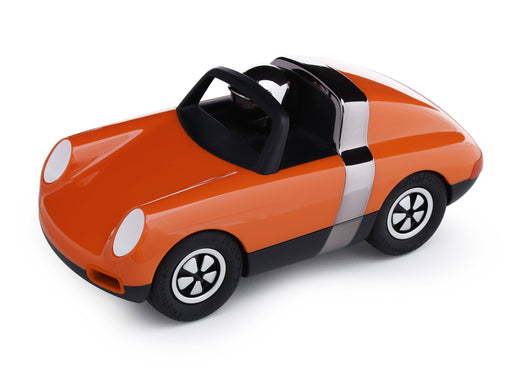 Convertible  shiny  orange and black chrome helmet driver playforever luft biba front side view