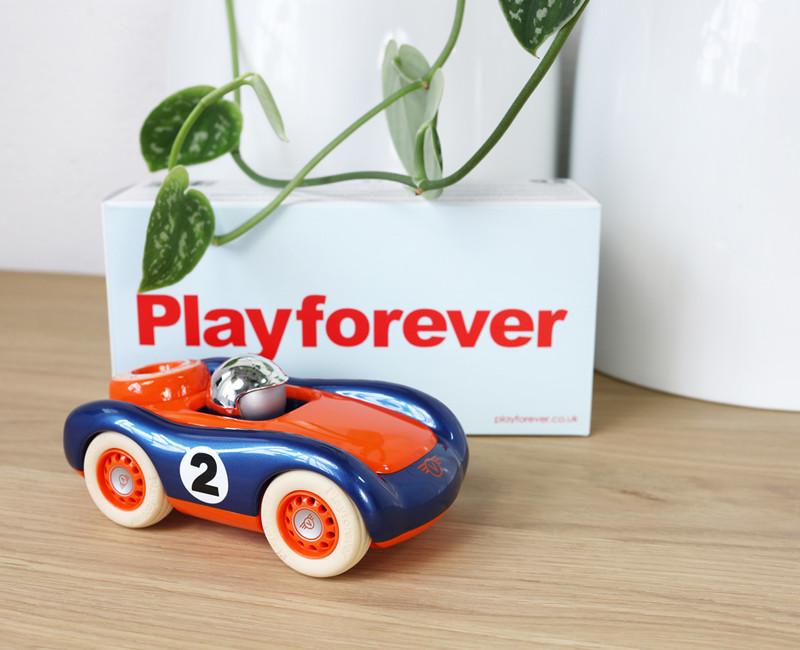 Small Vintage orange and blue chrome driver helmet Playforever viglietta Jasper side front view by playforever box 